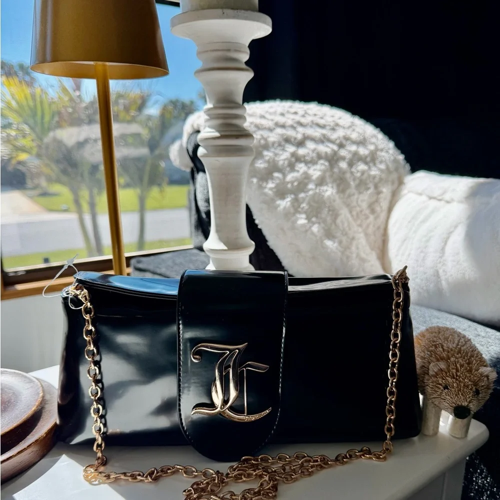 JUICY COUTURE Overstated Black Patent Flap Clutch with Gold Chain and Logo - Picture 7 of 14